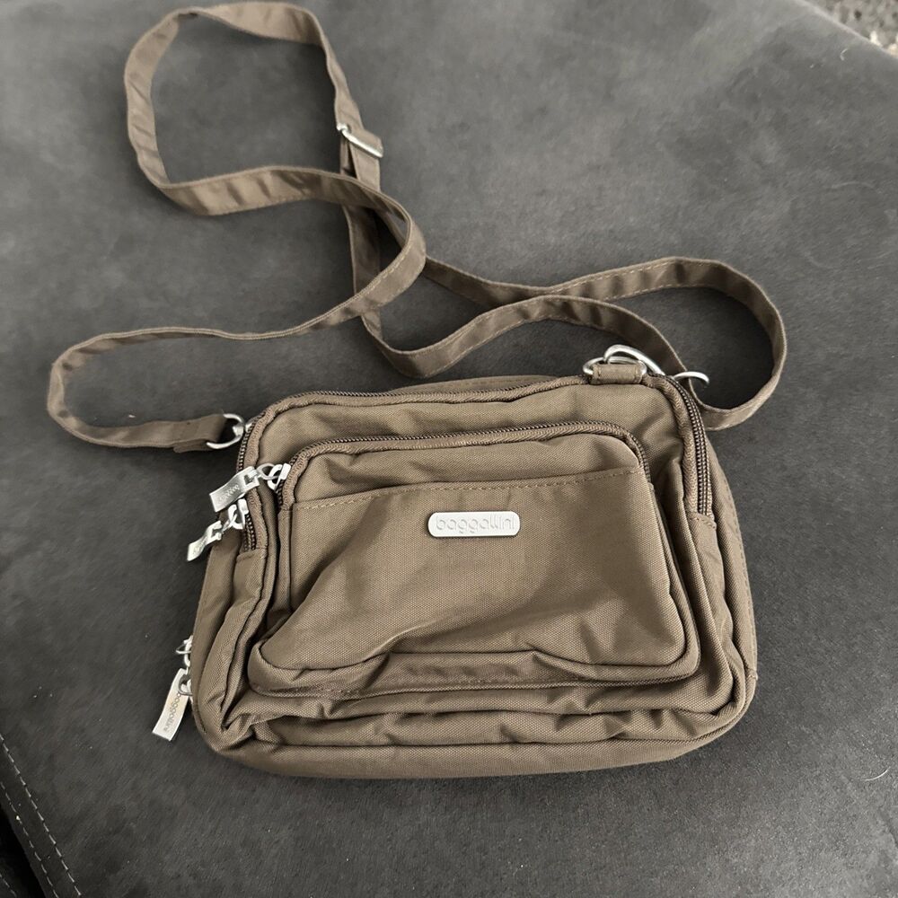 Baggallini Triple Zip Small Crossbody Bag Brown Blue Inside